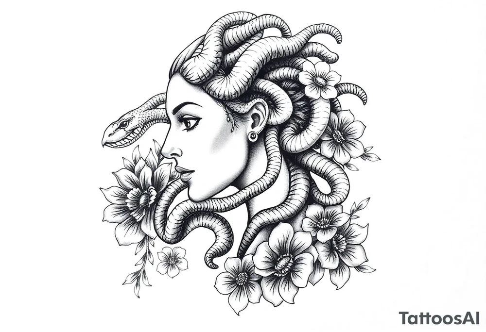 Side portrait of Medusa with snake heads, flowers tattoo idea