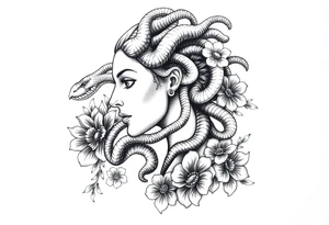 Side portrait of Medusa with snake heads, flowers tattoo idea