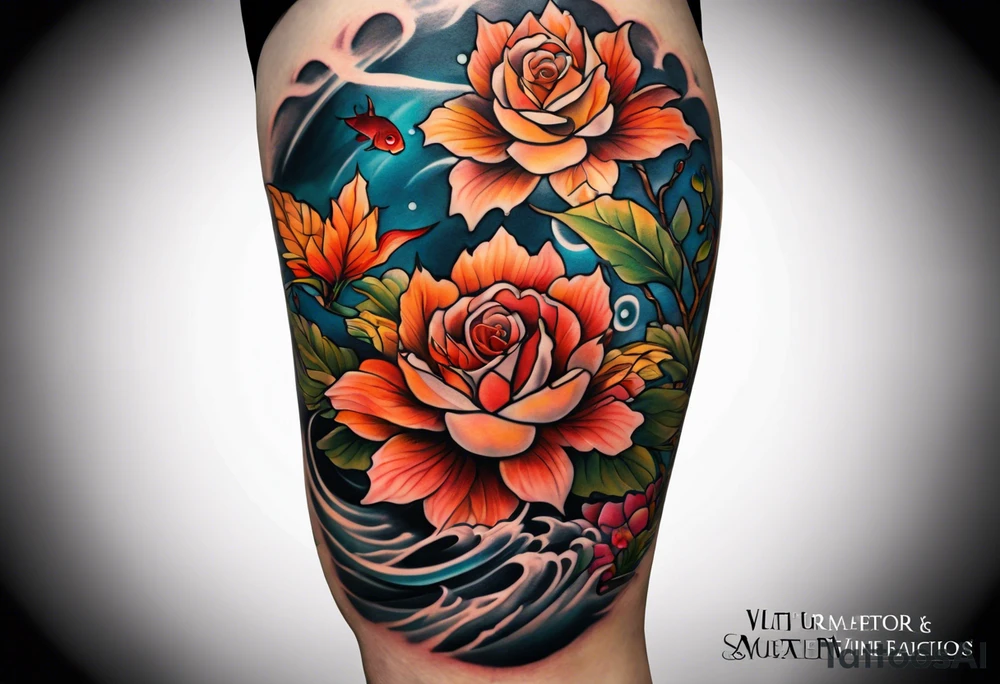 thigh tattoo with fall colors showing, leaves, koi fish, small flowers, roses, water flow, and sky tattoo idea