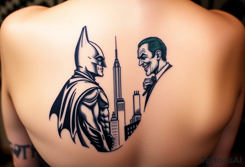 Batman facing off with the joker in Gotham city with buildings and with bat signal shinning tattoo idea