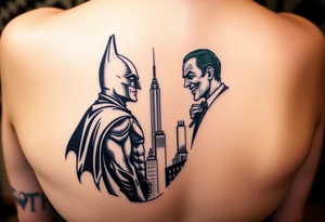 Batman facing off with the joker in Gotham city with buildings and with bat signal shinning tattoo idea