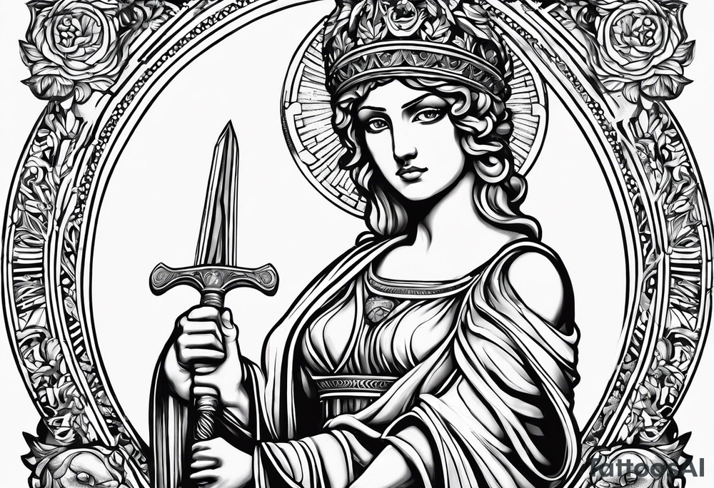 "I would like to depict Themis (Greek Goddess of Justice) cutting her own eyes with her sword." tattoo idea