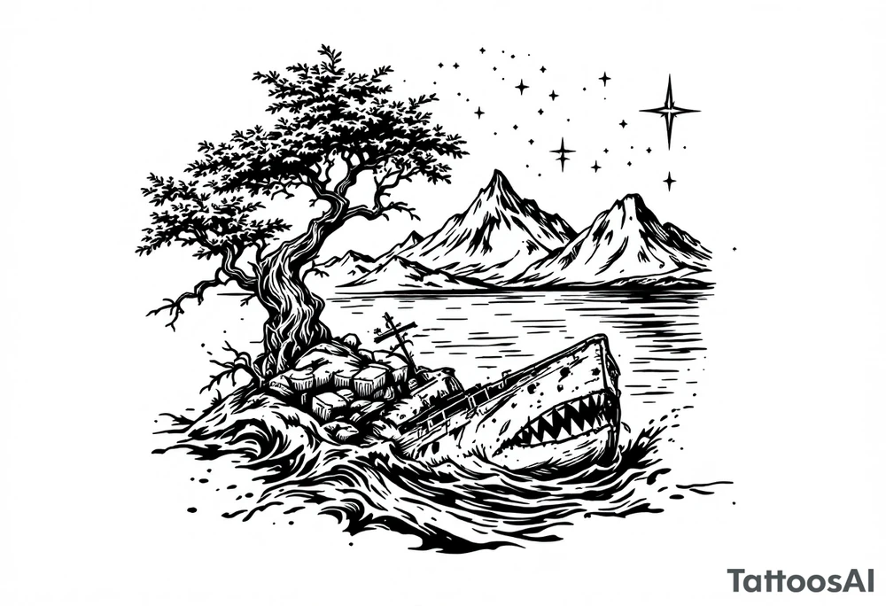 tattoo that has an acacia tree with mountains, ocean with a ship wreck with sharks and the northern star tattoo idea