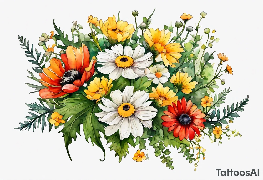 simple wildflowers cascading with thistles, ferns, white anemones, sun flowers, yellow flowers, red flowers, green flowers, buttercups, orange flowers, babys breath and daisies all in watercolor tattoo idea