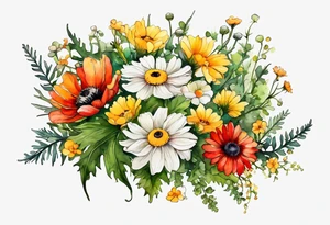 simple wildflowers cascading with thistles, ferns, white anemones, sun flowers, yellow flowers, red flowers, green flowers, buttercups, orange flowers, babys breath and daisies all in watercolor tattoo idea