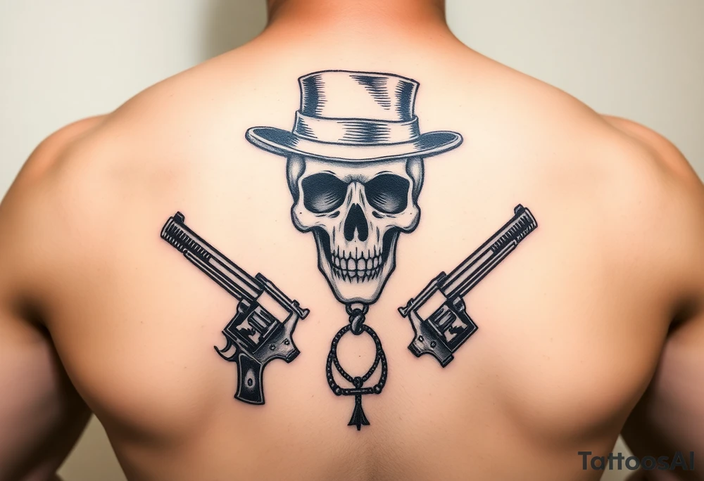 voodoo skull, top hat, dead man card had six guns tattoo idea