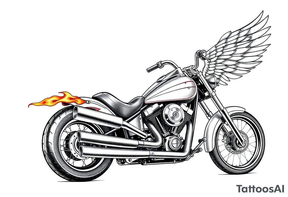 Low rider grey motorcycle, big muffler pipes with flames, angel wings, driving away, no person tattoo idea