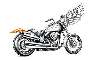 Low rider grey motorcycle, big muffler pipes with flames, angel wings, driving away, no person tattoo idea