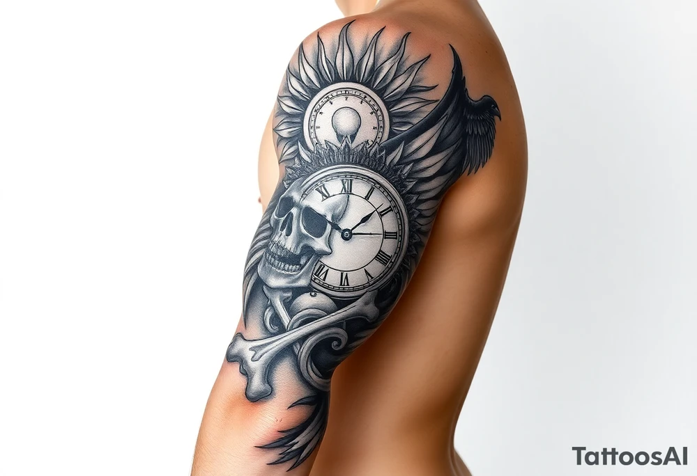 Skull and crossbones, sun, phoenix, clock face tattoo idea