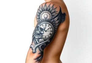 Skull and crossbones, sun, phoenix, clock face tattoo idea