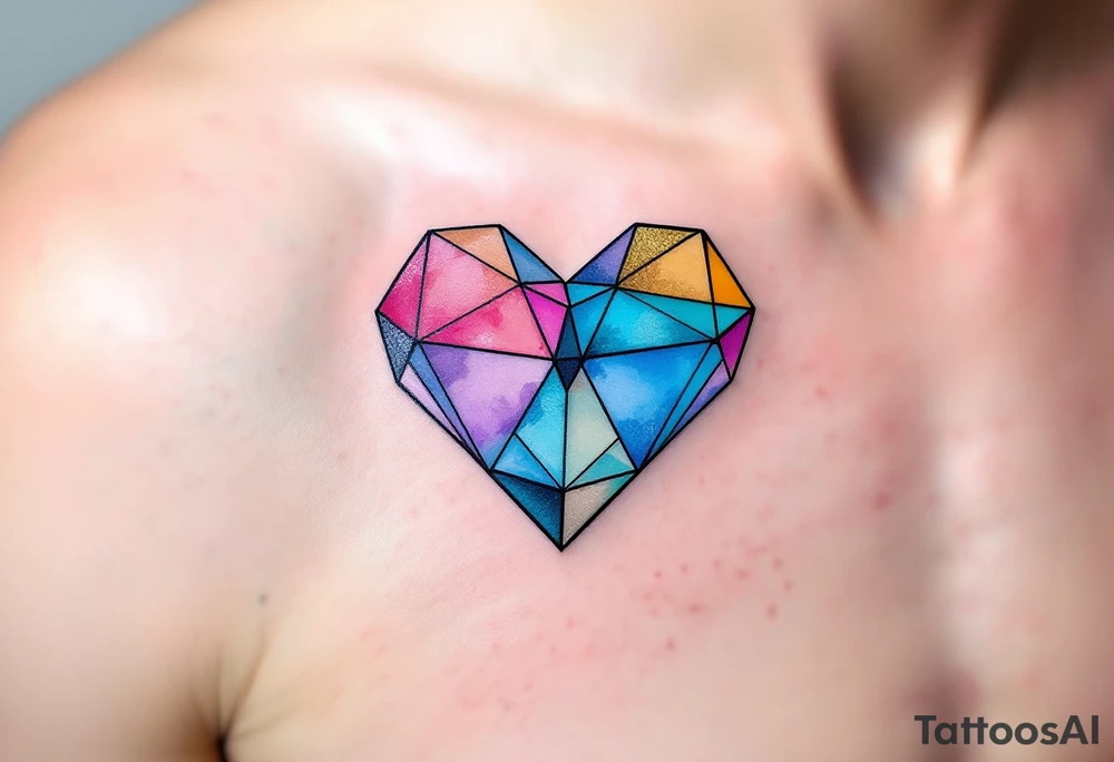 A mini heart made up of colorful geometric shapes, with each section of the heart filled with different watercolor shades of blue, pink, and gold, and the name "Petr" written in a modern, sans-serif font. tattoo idea