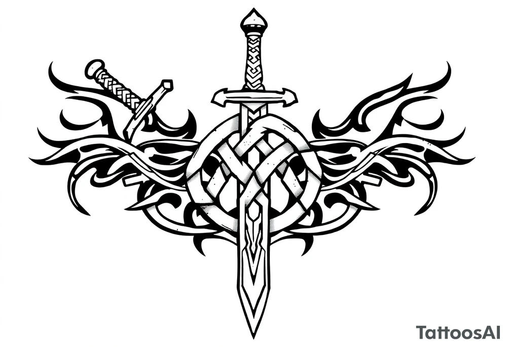 Armband tattoo of a sword with covered in a Celtic knot tattoo idea
