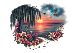 Sunset galaxy. Dark Ocean.  weeping willow garden with roses and lilies flower beds, fairies, mermiads, dragons butterflies,  cat paw prints path in dirt. tattoo idea