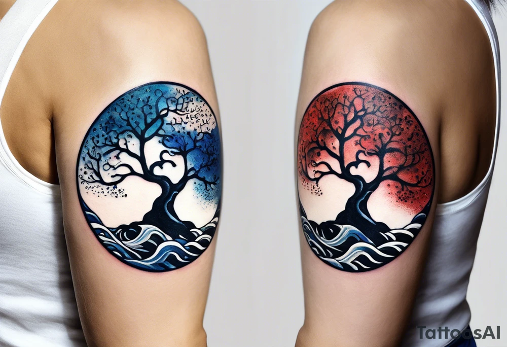A tattoo of an abstract Tree of Life tattoo to be placed directly on the bicep of a woman. It can wrap around the arm a little. It should have roots growing out of the bottom. The roots slowly turn into water from the Great Wave by Hokusai. A golf flag should be placed discreetly growing out of the ground. 2 license plate tags should be hanging from the tree. Place a few music notes in the areas the leaves should be. The letters A U should be engraving into the tree trunk in a heart. tattoo idea