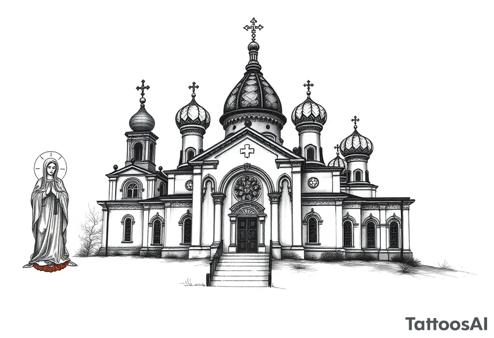 Russian orthodox church with bulb domes with a prominent russian orthodox style virgin mary stood outside to the left tattoo idea