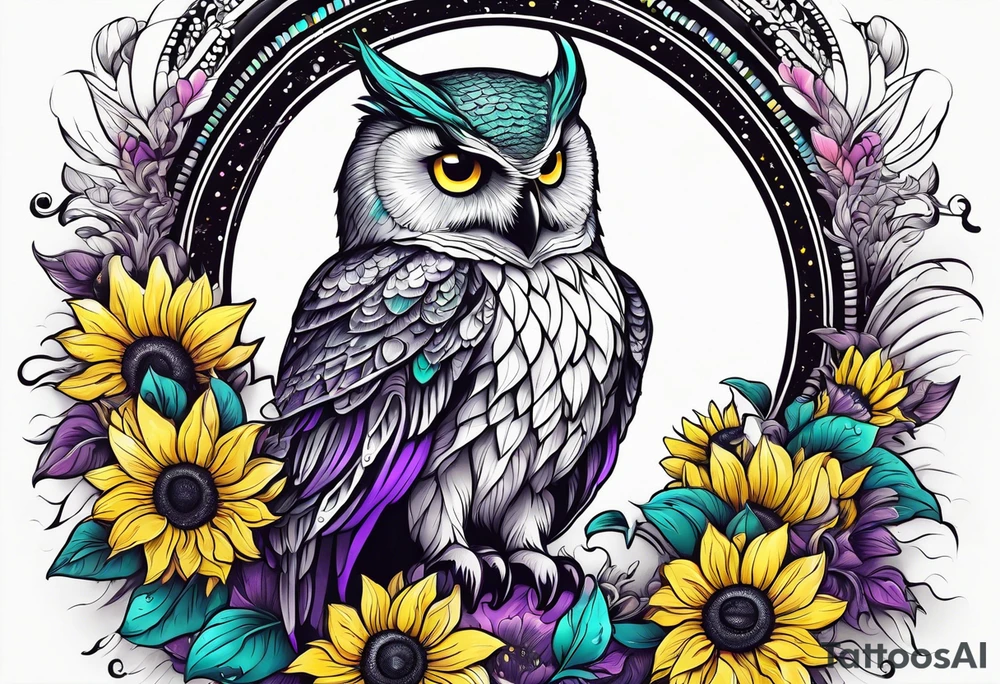 Black and white owl shaded teal, pink and purple surrounded by yellow sunflowers sleeve tattoo idea