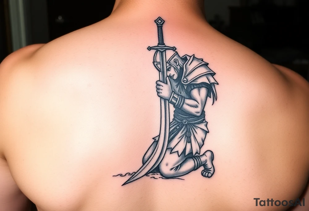 Exhausted warrior with sword praying on one knee tattoo idea