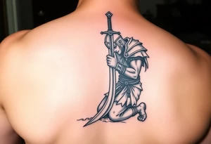 Exhausted warrior with sword praying on one knee tattoo idea
