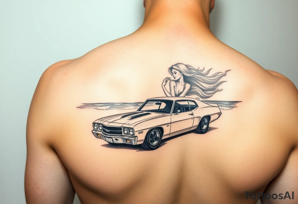 I want arm sleeve that starts with a beach with dale Earnhardt car on the beach with a hot blonde 80’s girl with big hair on the hood. Then an ocean with big waves then a big dark sky with the Milky Way in it and Jimi Hendrix Stratocaster in the sky tattoo idea