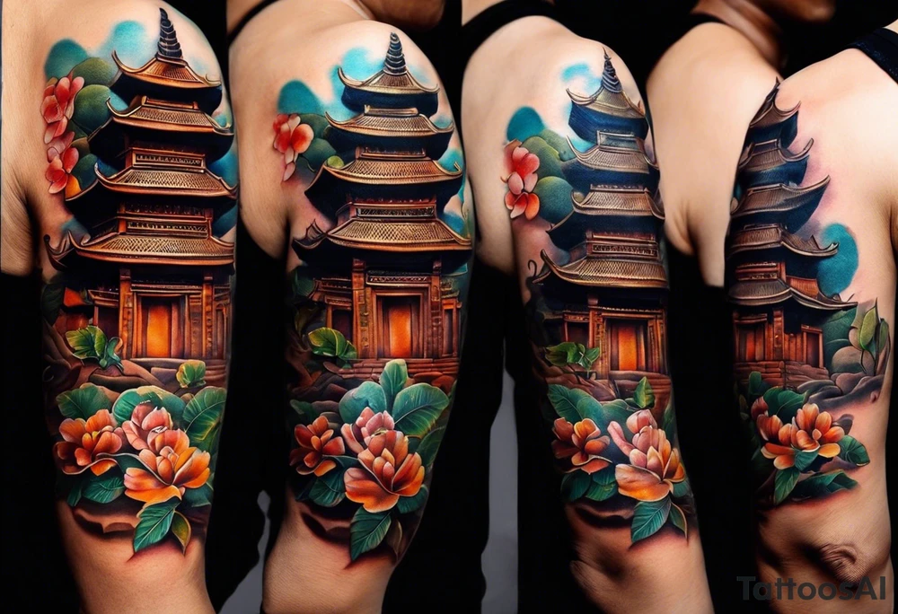 quiero crear una composicion para un tatuaje del antebrazo completo con pequeños tatuajes de tematica asiatica que incluya una rana con sombrero de vietnam, varios guerreros de terracota y una imagen del templo de camboya ankor tattoo idea