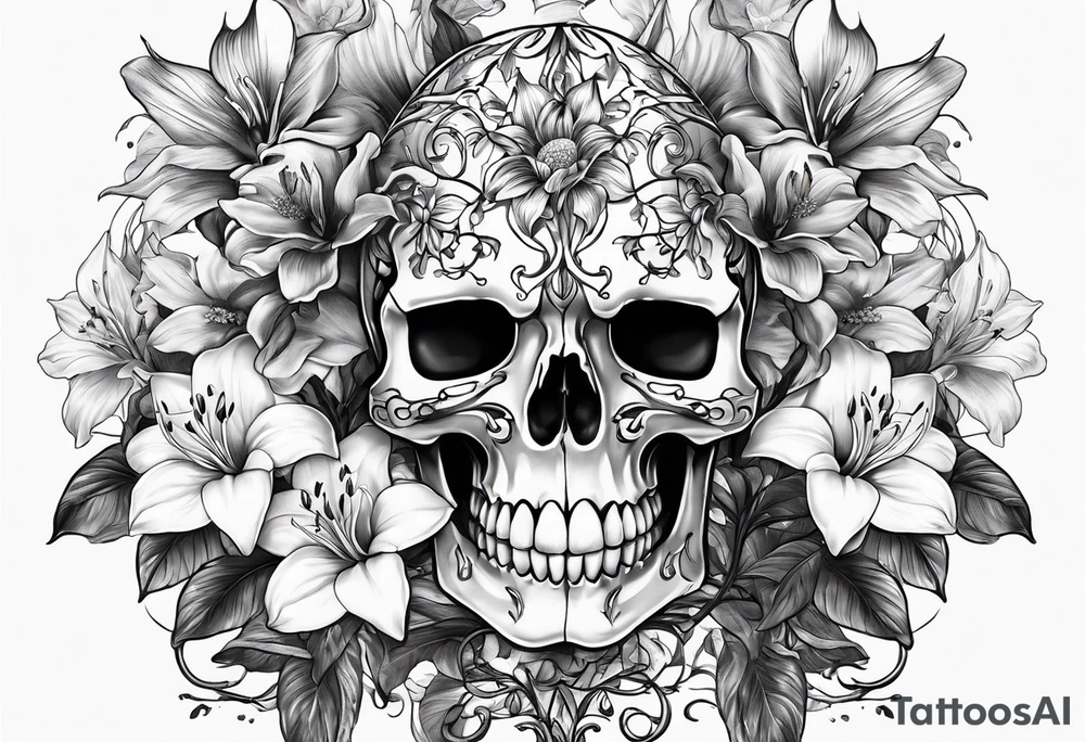 A Bulls skeleton head with lily if the valley flowers growing out of eyes tattoo idea