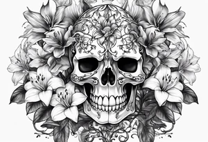 A Bulls skeleton head with lily if the valley flowers growing out of eyes tattoo idea