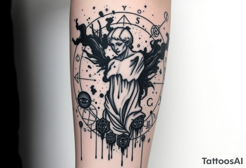 Black and white forearm tattoo design, dark surrealism and mythological symbolism. Fragmented human figure or statue, parts dissolving into black ink splashes and smoke. Surrounded by sacred geometry lines and circles, occult and alchemical symbols, abstract dripping eyes, and thin composition lines. Fine line tattoo style mixed with etching and engraving texture, high contrast, minimal background, designed to be extended into a full sleeve. No bodybuilding aesthetic, focus on surreal composition, mysterious atmosphere and artistic detail tattoo idea