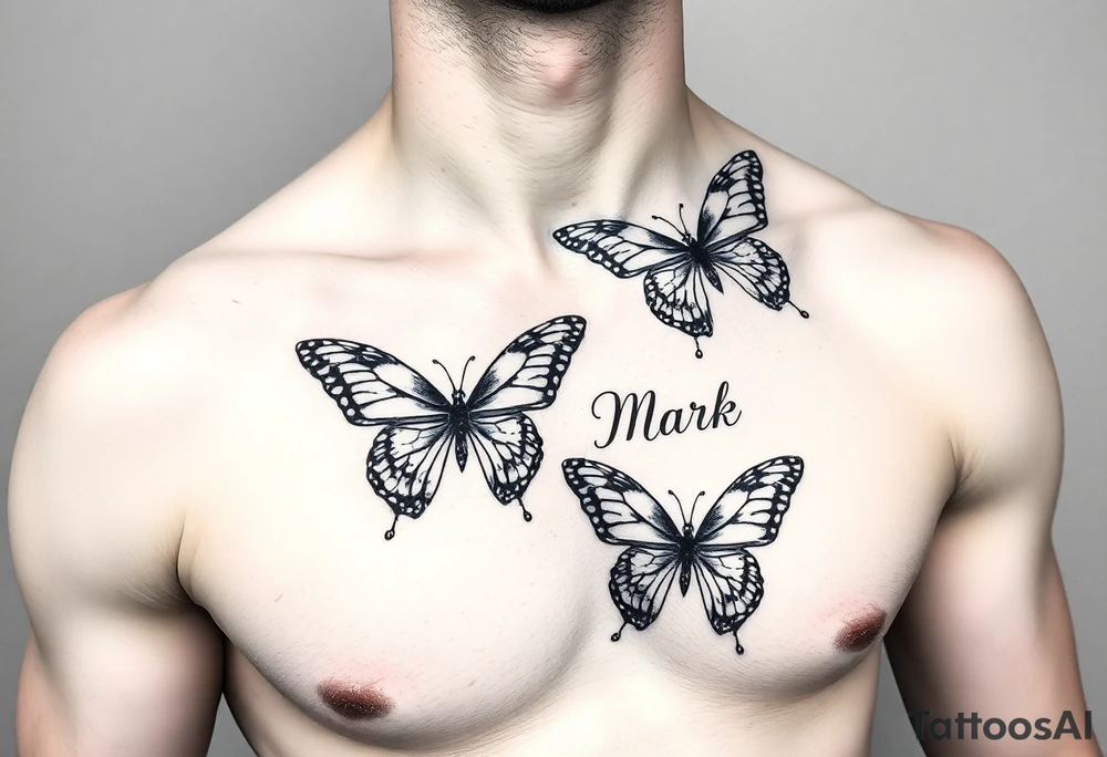 right side of chest with butterflies with the name “Mark” tattoo idea