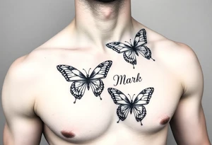 right side of chest with butterflies with the name “Mark” tattoo idea