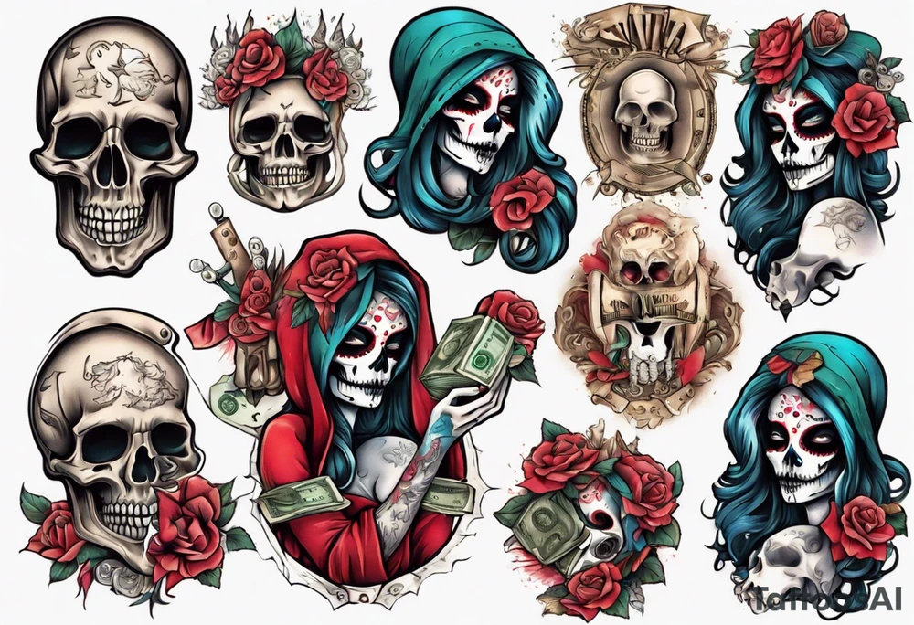 santa la muerta with money tattoo idea