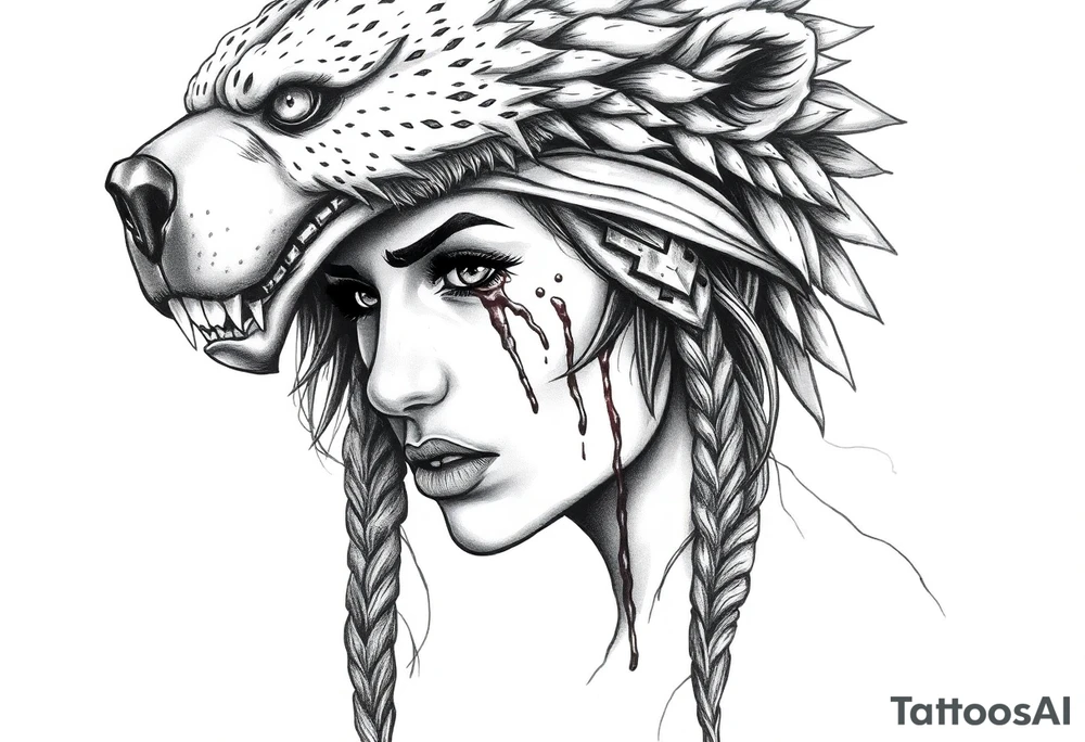 Beautiful Womans shedding a tear, with battle scars and blood on face, wearing a mean looking bear headdress on head tattoo idea
