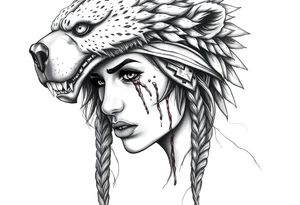 Beautiful Womans shedding a tear, with battle scars and blood on face, wearing a mean looking bear headdress on head tattoo idea