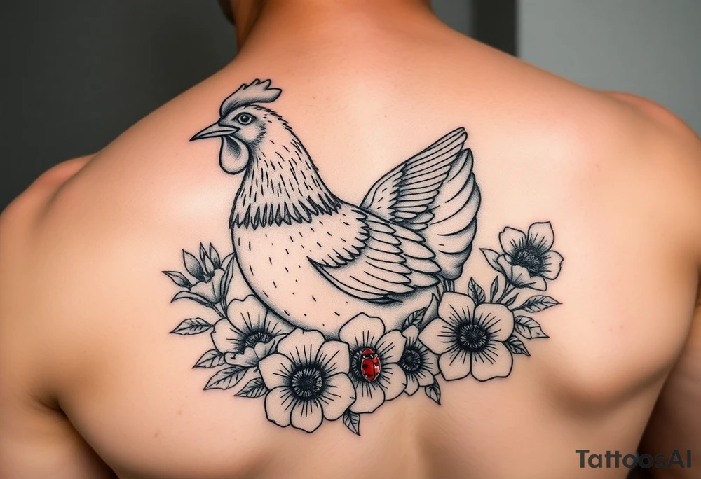 A hen surrounded by flowers with a hummingbird flying and a ladybug on flowers tattoo idea