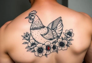 A hen surrounded by flowers with a hummingbird flying and a ladybug on flowers tattoo idea