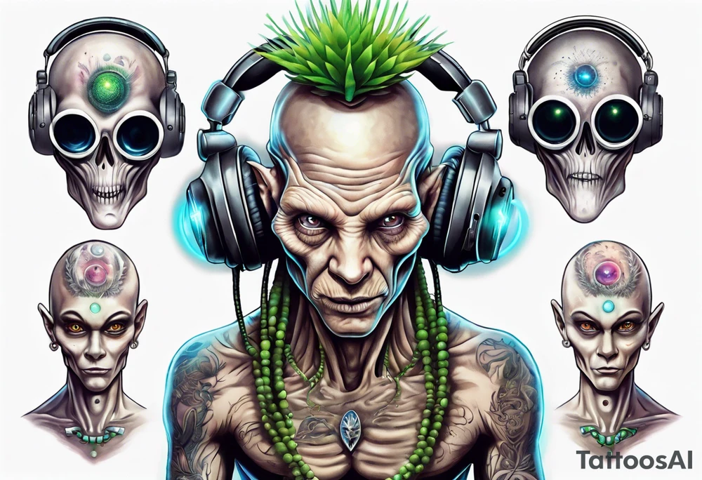 A realistic portrait of an extraterrestrial DJ with a glowing pineal gland tattoo idea