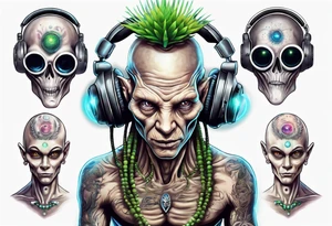 A realistic portrait of an extraterrestrial DJ with a glowing pineal gland tattoo idea