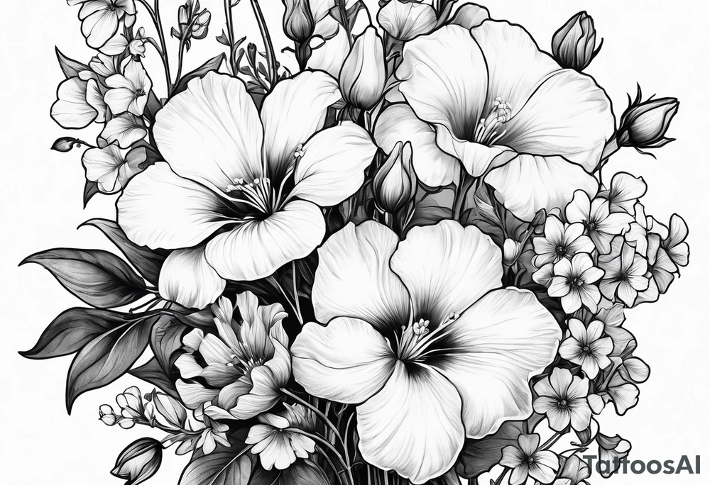 a vertical flower bouquet including sweet pea, larkspur, morning glory and cosmos tattoo idea