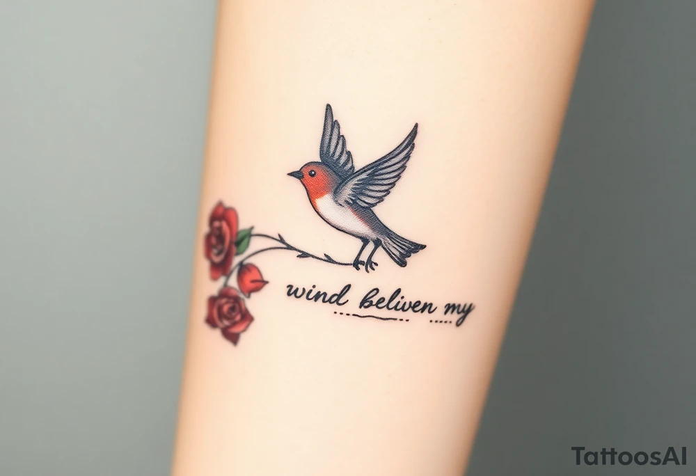 Soaring robin with trail of red rose petals with writing saying wind beneath my wings tattoo idea