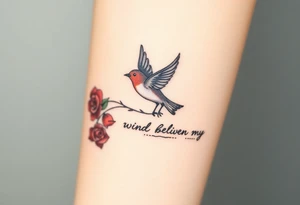 Soaring robin with trail of red rose petals with writing saying wind beneath my wings tattoo idea