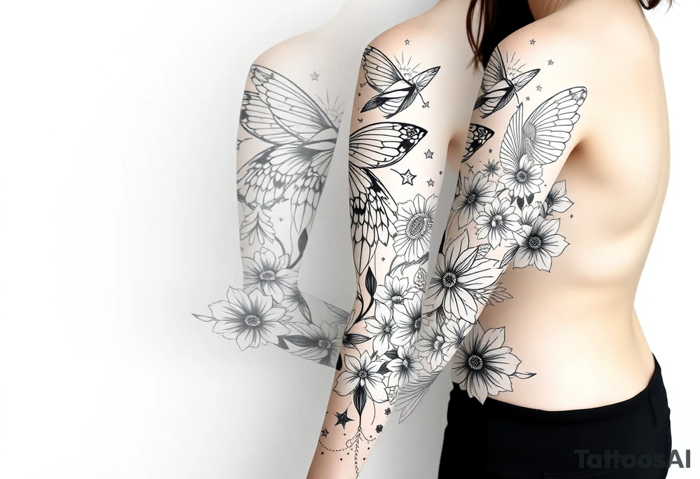 Magical mythical animal sleeve with fairies and flowers, including some geometric aspects tattoo idea