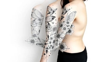 Magical mythical animal sleeve with fairies and flowers, including some geometric aspects tattoo idea