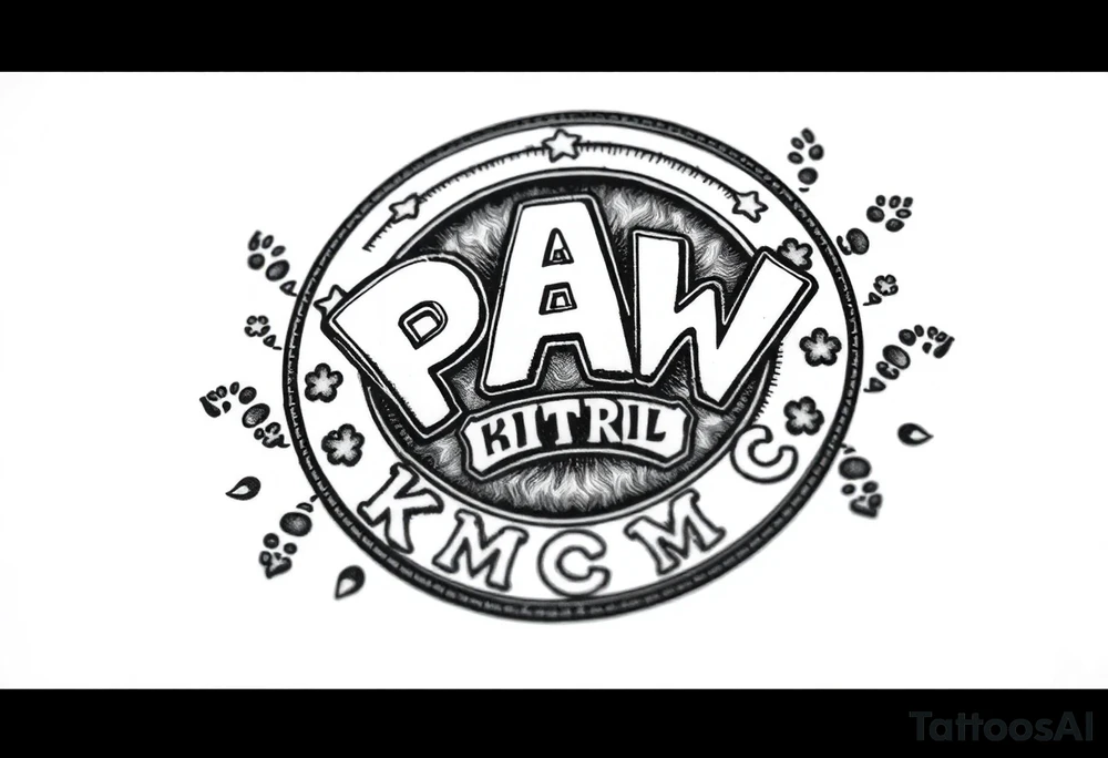 Paw Patrol Badge with footprints chasing letters KMC around the outside staggered tattoo idea