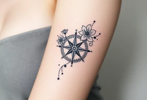 Abstract Compass with large wild flowers flowing above and below the compass tattoo idea