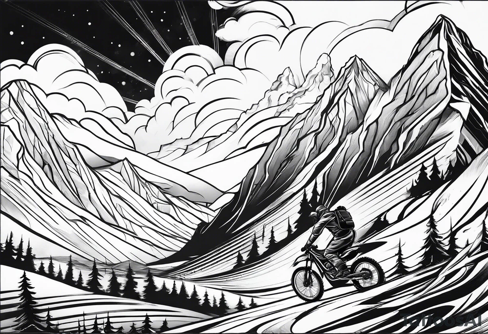 Ski god with clouds and mountains simple tattoo idea