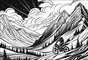 Ski god with clouds and mountains simple tattoo idea