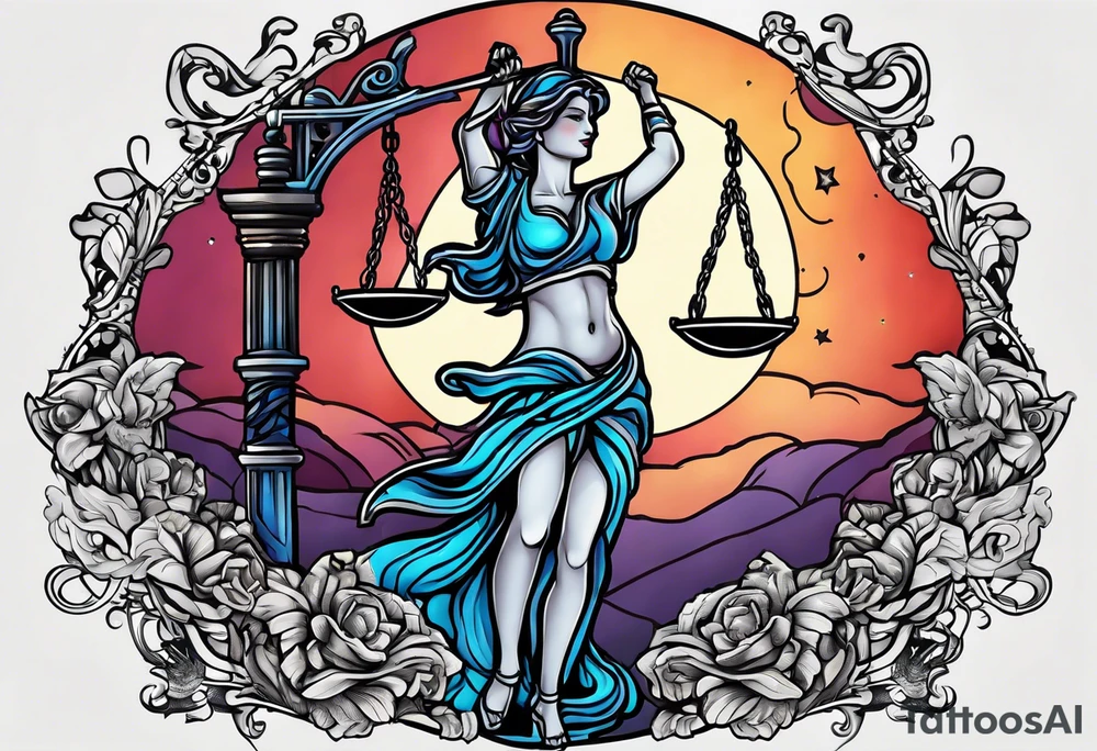 Themis holding the scales of justice while blindfolded with a moon in the background in color tattoo idea