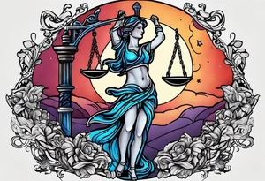 Themis holding the scales of justice while blindfolded with a moon in the background in color tattoo idea