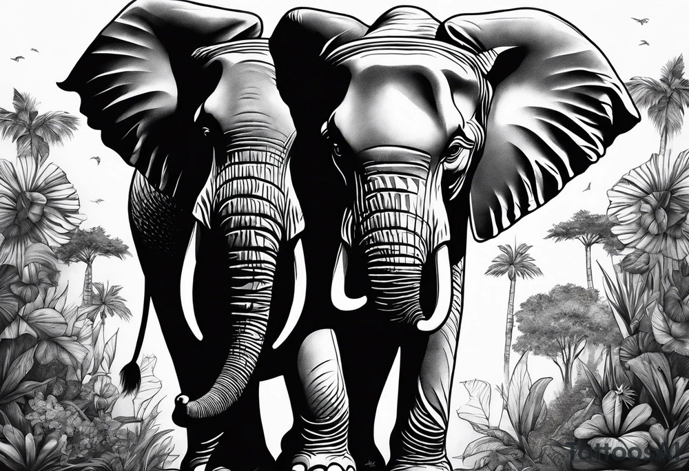 A very detailed elephant facing forward with a boy holding onto the trunk tattoo idea