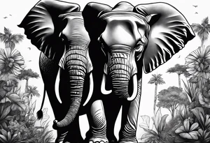 A very detailed elephant facing forward with a boy holding onto the trunk tattoo idea