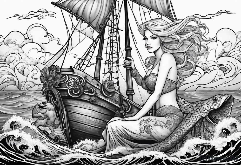 Beautiful blond mermaid with merman son riding a giant octopus with her dog in the ocean with a pirate ship in the distance tattoo idea